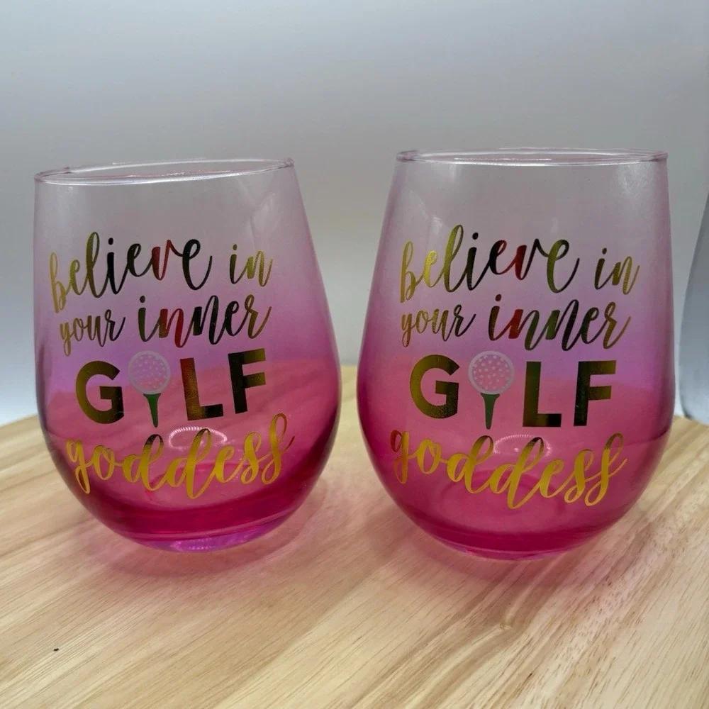 Set 2 Pink Ombre Stemless Wine Glasses Gold Believe in Your Inner Golf Goddess